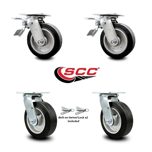 Service Caster 6 Inch Rubber on Aluminum Caster Set with Roller Bearings 2 Brake 2 Swivel Lock SCC-TTL30S620-RAR-2-BSL-2 - main